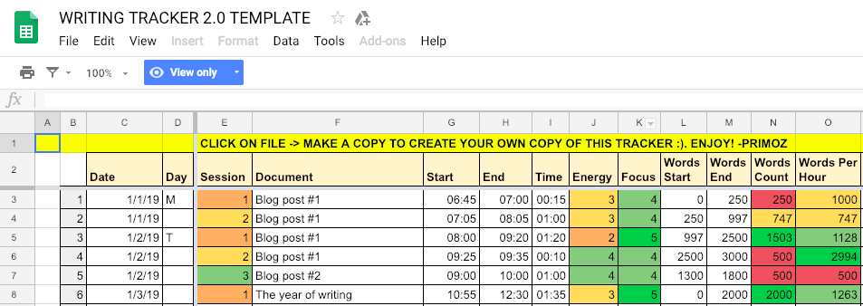Writing tracker spreadsheet template